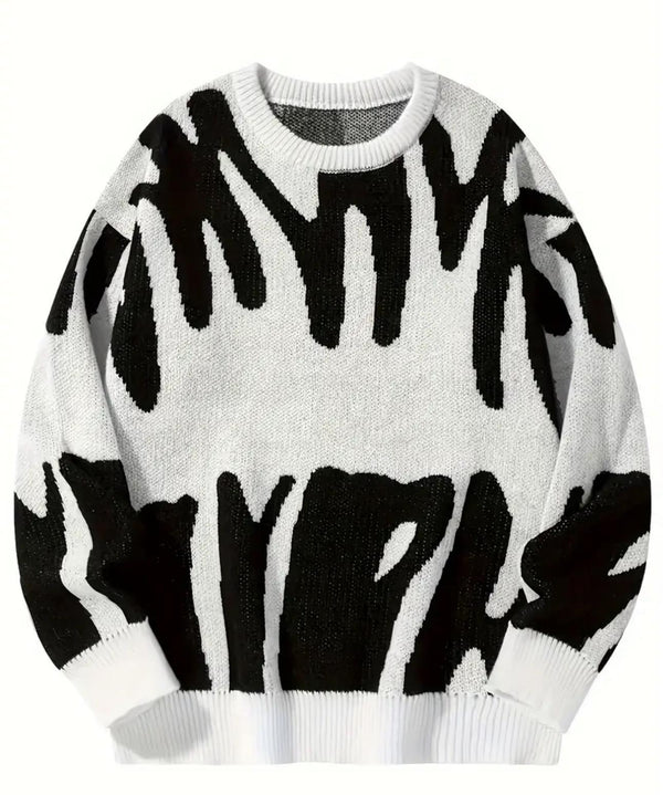 Men's graphic print knitted pullover, casual long sleeve crew neck sweater for fall and spring.