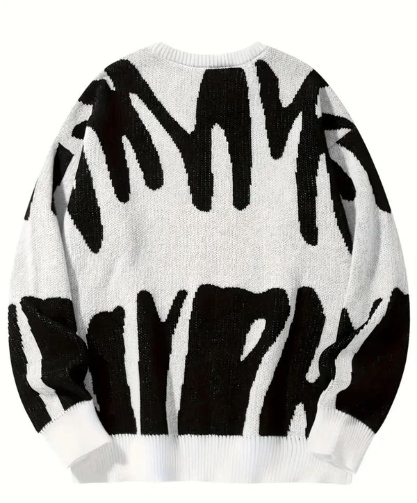 Men's graphic print knitted pullover, casual long sleeve crew neck sweater for fall and spring.